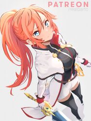  adelheid_van_astrea alternate_universe april_fools black_thighhighs blue_eyes breasts cloak female from_above genderswap_(mtf) high_collar highres holding holding_sword holding_weapon large_breasts long_hair long_sleeves looking_up pale_skin patreon_logo patreon_username ponytail re:zero_kara_hajimeru_isekai_seikatsu red_hair reinhard_van_astrea rule_63 simple_background solo sword thigh_gap thighhighs thighs weapon white_background zerobarto 