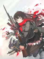  2girls bayonet black_hair black_pantyhose blush breasts bullpup collared_shirt commentary_request falling_petals floral_print fuu_fuu girls&#039;_frontline green_eyes gun gun_sling hair_ornament hair_ribbon half_updo high-waist_skirt highres holding long_hair long_sleeves looking_at_viewer medium_breasts multiple_girls necktie one_side_up pantyhose petals pleated_skirt pouch purple_hair red_eyes red_necktie red_ribbon red_scarf ribbon rifle scarf school_uniform serafuku shirt skirt sniper_rifle submachine_gun sweat thighband_pantyhose type_100_(girls&#039;_frontline) type_100_smg wa2000_(girls&#039;_frontline) walther walther_wa_2000 weapon 