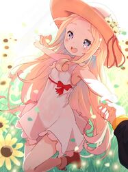  beatrice_(re:zero) blonde_hair blue_eyes boots bug butterfly butterfly-shaped_pupils dress duplicate female flower grass hat hat_flower holding_hands leg_up long_hair looking_at_viewer natsuki_subaru open_mouth pale_skin pointing re:zero_kara_hajimeru_isekai_seikatsu ribbon sidelocks smile sunflower symbol-shaped_pupils white_dress zerobarto 