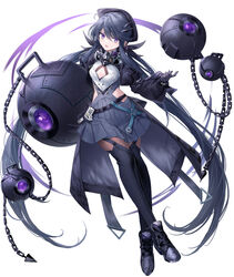  absurdly_long_hair absurdres bad_id bad_pixiv_id bare_hips black_thighhighs breasts chains cleavage cleavage_cutout clothing_cutout female floating_hair full_body gloves grey_gloves grey_hair grey_skirt hair_between_eyes highres long_hair long_sleeves looking_at_viewer miniskirt open_mouth original pleated_skirt purple_eyes shichigatsu simple_background skirt small_breasts solo thighhighs twintails very_long_hair white_background 