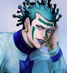  1boy cioccolata earrings facial_mark green_eyes green_hair hand_on_own_head highres jewelry jojo_no_kimyou_na_bouken male_focus purple_lips sano_(hospital_0434) solo vento_aureo 