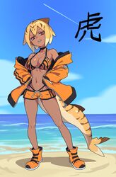  absurdres beach bikini blonde_hair boots borrowed_character breasts cleavage collarbone dark-skinned_female dark_skin day female fins fish_tail full_body highres large_breasts looking_at_viewer mako_(azuumori) multicolored_hair navel orange_bikini orange_footwear orange_hair original outdoors parted_lips ponaners red_eyes shark_girl shark_tail sharp_teeth short_hair solo standing swimsuit tail teeth tiger_stripes translation_request 