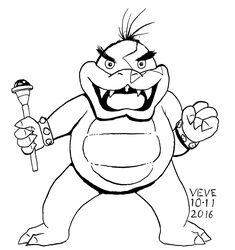  2016 2_toes 4_fingers anthro biped black_and_white bracelet dated eyebrows facial_markings featureless_crotch feet fingers front_view head_markings hi_res holding_object jewelry koopa koopaling looking_at_viewer male mario_bros markings monochrome morton_koopa_jr. nintendo open_mouth scalie sharp_teeth signature skyelegs solo spiked_bracelet spikes standing teeth toes tongue 