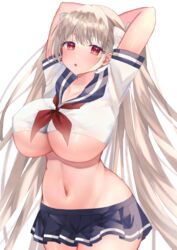  absurdres alternate_costume arms_behind_head arms_up azur_lane breasts commentary_request crop_top english_commentary female formidable_(azur_lane) highres huge_breasts impossible_clothes light_brown_hair long_hair looking_at_viewer microskirt midriff mixed-language_commentary navel neckerchief pleated_skirt purple_sailor_collar red_eyes red_neckerchief sailor_collar shirt short_sleeves simple_background sino_rameko skirt solo underboob very_long_hair white_background white_shirt wide_hips 