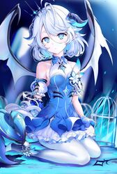  absurdres bad_id bad_pixiv_id birdcage blue_dress blue_eyes breasts cage claws closed_mouth collared_dress commentary detached_sleeves diamond-shaped_pupils diamond_(shape) dragon_girl dragon_wings dress elsword emptiness_(elsword) female hair_ornament high_heels highres horns looking_at_viewer luciela_r._sourcream medium_hair pantyhose pointy_ears puffy_short_sleeves puffy_sleeves short_sleeves sitting sleeveless sleeveless_dress small_breasts solo swept_bangs symbol-only_commentary symbol-shaped_pupils tanjel white_hair white_pantyhose wings yokozuwari 