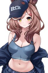  absurdres animal_ears bare_shoulders baseball_cap belt black_hat black_jacket black_pants blue_sports_bra blush boc&#039;z_(umamusume) breasts brown_hair cleavage closed_mouth female hat herohero_(higashi_no_dou) highres horse_ears horse_girl jacket long_hair looking_at_viewer matikane_tannhauser_(boc&#039;z)_(umamusume) matikane_tannhauser_(umamusume) medium_breasts midriff multicolored_hair navel off_shoulder open_mouth pants solo sports_bra streaked_hair umamusume upper_body white_background yellow_eyes 