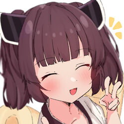  blunt_bangs brown_hair closed_eyes collarbone commentary facing_viewer female gunpuu headgear kiritanpo_(food) notice_lines open_mouth portrait short_hair short_twintails smile solo touhoku_kiritan twintails v voiceroid white_background 