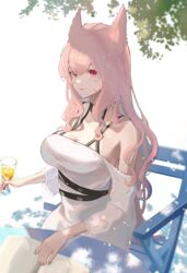  absurdres animal_ears aoi_tooru arknights bare_shoulders black_choker book breasts chair choker cleavage closed_mouth commentary_request cup dress drinking_glass eyebrows_hidden_by_hair female fingernails highres holding holding_cup large_breasts long_hair long_sleeves off-shoulder_dress off_shoulder on_chair open_book pink_eyes pink_hair pozyomka_(arknights) sitting smile solo very_long_hair white_dress wolf_ears 