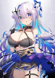  absurdres aged_up alternate_breast_size amane_kanata amane_kanata_(another_world) angel angel_wings blue_hair breasts bustier cleavage collar colored_inner_hair double_bun feathered_wings female frills gloves grey_background grey_hair hair_between_eyes hair_bun hair_ornament highres hololive instrument juu_p lace-trimmed_bustier large_breasts long_hair multicolored_hair official_alternate_costume open_mouth parted_lips purple_eyes simple_background single_hair_intake skindentation skirt solo strapless thick_thighs thigh_strap thighs virtual_youtuber wings 