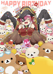  :d ascot bad_id bad_pixiv_id bicorne black_coat blush breasts brown_thighhighs coat dated english_text eyepatch eyewear_on_headwear facing_viewer feet_out_of_frame female happy_birthday hat hololive houshou_marine houshou_marine_(1st_costume) korilakkuma large_breasts leotard leotard_under_clothes long_hair long_sleeves mizuryuu_kei open_clothes open_coat open_mouth pirate_hat red_ascot red_hair rilakkuma san-x see-through see-through_leotard signature sitting sleeves_past_fingers sleeves_past_wrists smile solo spread_legs stuffed_animal stuffed_toy teddy_bear thighhighs twintails virtual_youtuber 