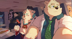  2020 absurd_res agyo_(tas) anthro asian_mythology bear belly blue_eyes bottomwear canid canine canis clothing cu_sith_(tas) detailed_background domestic_dog east_asian_mythology eyewear foo_dog food fur glasses group hi_res horkeu_kamui_(tas) japanese_mythology jewelry kemono komainu leib_(tas) lifewonders male mammal moritaka_(tas) mythology necklace overweight overweight_male pants piero03432812 polar_bear shirt sitting tokyo_afterschool_summoners topwear ursine white_body white_fur wolf yokai 