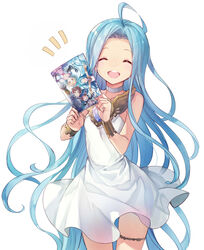  :d ^_^ achan_(blue_semi) ahoge blue_hair blush choker closed_eyes cowboy_shot dress female granblue_fantasy highres holding holding_manga long_hair lyria_(granblue_fantasy) manga_(object) open_mouth simple_background sleeveless smile solo thighlet very_long_hair white_background white_dress 