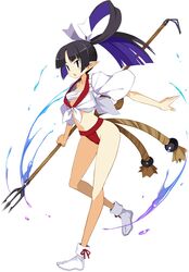  :o black_eyes black_hair breasts disgaea disgaea_rpg female full_body fundoshi hair_rings holding holding_polearm holding_weapon japanese_clothes long_hair official_art open_mouth photoshop_(medium) pointy_ears polearm ronin_(disgaea) rope sarashi shirt short_sleeves simple_background small_breasts solo tabi tied_shirt trident weapon white_background 