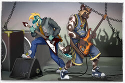  absurd_res african_wild_dog amplifier andre_taslim anthro bass_guitar beard belly black_nose blonde_hair blue_tongue bottomwear bracelet brown_body brown_fur canid canine chains charmersshelter clothed clothing crowd darius_davis detailed_background digital_media_(artwork) duo facial_hair flying_v footwear frohawk fur gibson goatee group guitar hair hi_res holding_object hoodie humbucker jewelry komodo_dragon lizard male mammal monitor_lizard multicolored_body multicolored_fur musical_instrument necklace outside playing_guitar playing_music plucked_string_instrument reptile rocking_out scalie shirt shoes slightly_chubby slightly_chubby_male smile sneakers string_instrument tank_top text text_on_clothing text_on_shirt text_on_tank_top text_on_topwear tongue topwear 