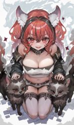  animal animal_ear_fluff animal_ears black_collar black_hair breasts canine cleavage collar facial_mark fangs female hair_between_eyes highres large_breasts long_hair looking_at_viewer midriff mole mole_on_breast multicolored_hair navel open_mouth original red_eyes red_hair smile solo thighhighs thighs two-tone_hair voruvoru white_thighhighs 