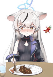  animal_ears blue_archive blush breasts brown_eyes carrot commentary_request curry curry_rice diamond_cutout fal_(fal-se-0) female food grey_hair jacket kokona_(blue_archive) looking_at_viewer pout rice simple_background sleeveless small_breasts solo table white_background 