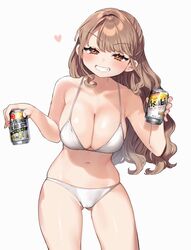  alcohol asahi_breweries ass_visible_through_thighs beer beer_can bikini breasts brown_eyes brown_hair can collarbone commentary drink_can female grey_background grin highres holding holding_can kodama&#039;s_elder_sister_(sakura_yuki) large_breasts long_hair looking_at_viewer navel original parted_bangs sakura_yuki_(clochette) simple_background smile solo standing strong_zero swimsuit teeth white_bikini 