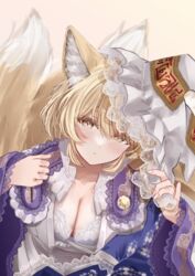  animal_ears blonde_hair blue_bra blush bra breasts cleavage closed_mouth female fox_ears fox_tail hat highres large_breasts long_sleeves mob_cap multiple_tails sarasadou_dan short_hair solo tail touhou underwear upper_body white_hat wide_sleeves yakumo_ran yellow_eyes 