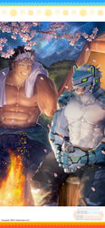  2boys abs absurdres aqua_fur bara black_hair blue_eyes bottle campfire cherry_blossoms commentary company_connection copyright_notice dark-skinned_male dark_skin demon_boy demon_horns fangs fingerless_gloves fire furry furry_male gloves grin helmet highres holding holding_bottle horns large_pectorals letterboxed live_a_hero looking_at_another macroich_(housamo) male_focus multicolored_hair multiple_boys multiple_horns muscular muscular_male neumo night nipples official_art official_wallpaper one_eye_closed pectorals petals rexer_(live_a_hero) shooting_star short_hair sitting_on_tree_stump sky smile star_(sky) starry_sky tent thick_eyebrows tokyo_afterschool_summoners topless_male towel towel_around_neck water_bottle white_hair 