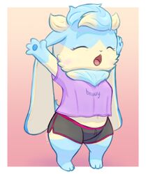  2021 arms_above_head athletic_wear big_breasts blue_body blue_eyes blue_fur blush bottomwear breasts chibi closed_eyes clothed clothing crop_top dewlap_(anatomy) digital_media_(artwork) female floppy_ears fur gym_bottomwear gym_shorts hi_res hotpants kemono lagomorph leporid long_ears mammal midriff multicolored_body multicolored_fur navel open_mouth pyritie rabbit raised_arms semi-anthro shirt shorts simple_background slightly_chubby sofu_(pyritie) solo stretching swirl t-shirt tan_body tan_fur thick_thighs tongue topwear two_tone_body two_tone_fur yawn 