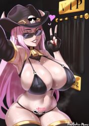  absurdres adapted_costume aestheticc-meme alternate_breast_size armpits bad_link bell bikini blush breasts cleavage cowbell cowboy_hat curvy female hat highres hololive hololive_english huge_breasts jewelry lipstick long_hair makeup mori_calliope mori_calliope_(sheriff) navel pink_eyes pink_hair skull smile solo string_bikini sunglasses swimsuit tattoo thick_thighs thighhighs thighs v variant_set very_long_hair virtual_youtuber 