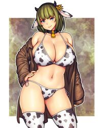  animal_ears animal_print bikini birthday black_horns blue_eyes borrowed_character breasts brown_coat chinese_zodiac coat cow_ears cow_girl cow_horns cow_print cow_print_bikini curvy erkaz fake_animal_ears fake_horns female gift_art green_hair headband highres horns ima_juwita_(mistimagi) large_breasts looking_at_viewer medium_hair navel open_clothes open_coat original print_bikini print_thighhighs smile smirk smug solo swimsuit thighhighs thighs white_bikini year_of_the_ox 