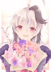  ahoge artist_name bouquet branch cherry_blossoms commentary congratulations dated female flower flower_(gynoid_talk) flower_(vocaloid) fur-trimmed_jacket fur_trim gynoid_talk highres holding holding_bouquet jacket kisalaundry light_blush looking_at_viewer morning_glory multicolored_hair open_mouth pink_flower purple_flower purple_hair purple_jacket red_eyes red_flower short_hair smile solo streaked_hair upper_body vocaloid white_hair 