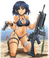  absurdres assault_rifle battle_rifle beach bikini black_bikini black_hair breasts female fn_fal green_eyes grenade_launcher gun handgun highres holding holding_gun holding_weapon holster imbel_ia2 knife large_breasts m1911 m203 magazine_(weapon) mikeran_(mikelan) multi-strapped_bikini navel o-ring o-ring_bikini o-ring_bottom ocean original rifle scope short_hair smile solo swimsuit thigh_holster thigh_strap underbarrel_grenade_launcher variant_set weapon 