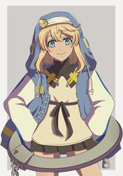  1boy androgyne_symbol black_ribbon black_skirt blonde_hair blue_eyes blue_jacket bridget closed_mouth cowboy_shot dress giyutasuto grey_background guilty_gear guilty_gear_strive hair_between_eyes hands_on_own_hips highres hood hood_up hooded_jacket jacket long_sleeves looking_at_viewer male_focus medium_hair miniskirt otoko_no_ko pleated_skirt ribbon simple_background skirt smile solo white_dress zipper_pull_tab 