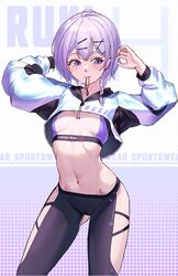  arms_up ass_visible_through_thighs black_pants blush braid breasts breasts_apart closed_mouth cowboy_shot crop_top ear_piercing female hair_ornament hair_tie hairclip halftone han_(ozrfour) highres long_sleeves looking_at_viewer mouth_hold navel nijisanji pants piercing purple_eyes purple_hair purple_sports_bra ruki_(virtuareal) short_hair side_braid small_breasts solo sports_bra sportswear stomach text_background virtual_youtuber virtuareal x_hair_ornament 