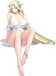  anklet bare_shoulders barefoot blue_eyes blush breasts bumcha choker collarbone covered_nipples dress female flower forehead grin hair_flower hair_intakes hair_ornament highres huge_breasts jewelry last_origin light_green_hair lingerie long_hair looking_at_viewer mole mole_on_breast negligee no_bra official_alternate_costume official_art parted_lips ribbon see-through see-through_dress short_dress silver_choker sitting smile solo transparent_background underwear very_long_hair white_dress white_flower white_ribbon wraithy_(last_origin) 