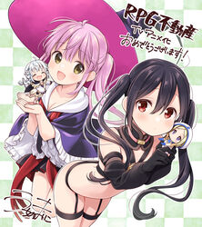  4girls ^_^ ahoge bare_shoulders black_hair blonde_hair blue_eyes blue_hair breasts checkered_background chibi cleavage closed_eyes commentary_request detached_sleeves fa_(rpg_fudousan) hat kazairo_kotone looking_at_viewer multiple_girls official_art parted_bangs pink_hair rakira_(rpg_fudousan) red_eyes rpg_fudousan rufuria_(rpg_fudousan) second-party_source signature translation_request twintails uchino_maiko witch_hat yellow_eyes 