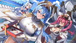  +_+ 3girls aegis_(nikke) anchor_(nikke) belt bikini bird black_bikini black_gloves blue_hair blush bow box breasts cannon cape cleavage clenched_teeth cloud dutch_angle epaulettes gloves goddess_of_victory:_nikke grey_hair hair_intakes hairbow hand_on_own_chin hand_on_own_hip hat headband helm_(nikke) highres holding holding_box jacket jacket_on_shoulders large_breasts long_hair mast_(nikke) mendou_kusai military_hat military_rank_insignia military_uniform morgan_(nikke) multiple_girls outdoors parrot peaked_cap pink_hair red_bikini school_uniform see-through see-through_shirt serafuku ship shirt short_shorts shorts sky starfish swimsuit symbol-shaped_pupils teeth twintails uniform water watercraft white_gloves 