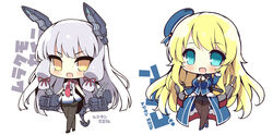  akikaze_tsumuji atago_(kancolle) beret black_gloves black_pantyhose blonde_hair blue_eyes blue_footwear blue_headwear blush breasts character_name chibi dress gloves grey_hair hair_ribbon hat headgear kantai_collection large_breasts long_hair long_sleeves medium_breasts military military_uniform multiple_girls murakumo_(kancolle) murakumo_kai_ni_(kancolle) necktie open_mouth orange_eyes pantyhose pink_necktie ribbon rigging short_sleeves sidelocks simple_background thighband_pantyhose tress_ribbon uniform white_background 