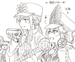  1boy 2girls :d arrow_(symbol) artoria_caster_(fate) artoria_pendragon_(fate) blush cloak commentary_request crest crown eighth_note family_crest fate/grand_order fate_(series) gloves greyscale hair_between_eyes hand_up hat highres holding holding_skull holding_sword holding_weapon jacket long_sleeves mini_crown monochrome multiple_girls musical_note oda_nobukatsu_(fate) oda_nobunaga_(fate) oda_nobunaga_(swimsuit_berserker)_(fate) oda_nobunaga_(swimsuit_berserker)_(second_ascension)_(fate) oda_uri open_mouth over_shoulder parted_lips peaked_cap simple_background skull smile sword tachitsu_teto translation_request upper_body weapon weapon_over_shoulder white_background 