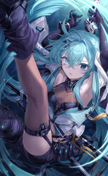  :o absurdres ahoge ankle_boots armpits arms_up asymmetrical_clothes asymmetrical_gloves asymmetrical_legwear bad_id bad_pixiv_id black_footwear black_gloves black_shorts blue_eyes blue_hair boots breasts breasts_apart brown_thighhighs elbow_gloves female floating_hair garter_straps gloves hair_between_eyes hair_intakes heterochromia highres holding holding_sword holding_weapon jacket legs_up long_hair medium_breasts navel open_clothes open_jacket open_mouth original shichigatsu short_shorts shorts single_pantsleg solo sou_(shichigatsu) sword thighhighs very_long_hair weapon 