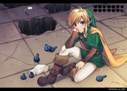  ... 1boy bandages belt blonde_hair blue_eyes boots brown_footwear cape crack cracked_floor green_headwear heart_container highres hole link looking_at_viewer male_focus pointy_ears pouch rupee_(zelda) seed sidelocks sitting solo speech_bubble spoken_ellipsis tatsuma_daisuke the_legend_of_zelda the_legend_of_zelda:_oracle_of_seasons tunic twitter_username white_legwear yellow_cape 