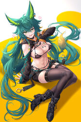  :d absurdly_long_hair absurdres ahoge bad_id bad_pixiv_id bikini bikini_under_clothes black_bikini black_footwear black_shorts black_sleeves black_thighhighs breasts commission detached_sleeves female floating_hair full_body garter_straps green_eyes green_hair green_nails hair_between_eyes hair_spread_out heart highres long_hair long_sleeves looking_at_viewer nail_polish open_mouth original shichigatsu short_shorts shorts sitting skeb_commission sleeves_past_wrists smile solo swimsuit thighhighs tongue tongue_out two-tone_background very_long_hair white_background yellow_background zettai_ryouiki 