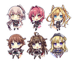  6+girls :&gt; abukuma_(kancolle) ahoge akikaze_tsumuji bike_shorts bike_shorts_under_skirt blonde_hair blue_eyes breasts brown_hair character_name chibi detached_sleeves double_bun fletcher_(kancolle) gloves grey_eyes hair_bun hair_flaps hair_ornament hair_ribbon headgear hiei_(kancolle) holding japanese_clothes kantai_collection kinu_(kancolle) kongou_(kancolle) long_hair multiple_girls open_mouth pink_hair pleated_skirt ponytail red_eyes red_hair ribbon ribbon-trimmed_sleeves ribbon_trim rigging sailor_collar school_uniform serafuku short_hair short_sleeves shorts shorts_under_skirt simple_background skirt smile star_(symbol) star_hair_ornament twintails very_long_hair white_background yellow_eyes yura_(kancolle) 