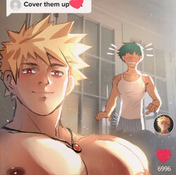  2boys bakugou_katsuki bara blush boku_no_hero_academia censored cover_them_up_slut_(meme) dialogue_box green_hair heart heart_censor indoors jackray85674939 jewelry large_pectorals looking_at_viewer male_focus meme midoriya_izuku multiple_boys necklace nipples no_eyes pectoral_focus pectorals red_eyes spiked_hair tank_top tiktok topless_male user_interface white_tank_top 