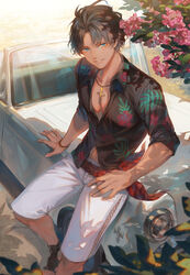  1boy bartholomew_roberts_(at_the_street_corner_of_the_decorating_sea)_(fate) bartholomew_roberts_(fate) black_hair blue_eyes bracelet car cross cross_necklace dark-skinned_male dark_skin fate/grand_order fate_(series) flower hawaiian_shirt highres jewelry looking_at_viewer male_focus mashuu_(neko_no_oyashiro) motor_vehicle navel necklace partially_unbuttoned pink_flower sandals shirt shorts smile solo teeth unbuttoned unbuttoned_shirt white_shorts 