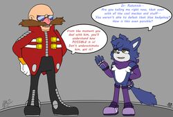  absurd_res bandana blue_body blue_fur bottomwear clothing darknetic digital_media_(artwork) dr._eggman duo english_text eyewear facial_hair fluffy footwear fur glasses gloves handwear hi_res human kagen_the_wolf kerchief male mammal meme moustache open_mouth pants sanic sega shoes simple_background sonic_the_hedgehog_(series) teeth text tongue white_body white_fur yellow_eyes 