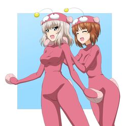  2girls anglerfish_costume blue_eyes blush bodysuit breasts brown_hair closed_eyes girls_und_panzer hands_on_another&#039;s_shoulders highres itsumi_erika key_(gaigaigai123) large_breasts multiple_girls nishizumi_miho open_mouth pink_bodysuit short_hair simple_background smile standing white_hair 