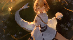  aiguillette alchemy_stars aona_(ns) belt black_gloves blonde_hair closed_eyes commentary facing_viewer female fingerless_gloves flower gloves hair_ornament holding holding_flower jacket long_sleeves open_mouth short_hair sitting smile solo symbol-only_commentary tail vice_(alchemy_stars) white_jacket 