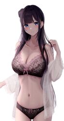  bare_shoulders black_hair blue_eyes bra breasts cleavage female hair_bun highres inaka_44 large_breasts looking_at_viewer navel original panties partially_undressed playing_with_own_hair see-through see-through_shirt shirt simple_background single_hair_bun skinny solo stomach thighs underwear unfinished white_background 