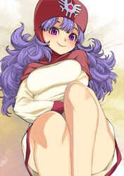  absurdres breasts closed_mouth curly_hair dragon_quest dragon_quest_ii dress feet_out_of_frame female highres hood long_hair looking_at_viewer muramasa_mikado princess princess_of_moonbrook purple_eyes purple_hair robe smile solo 