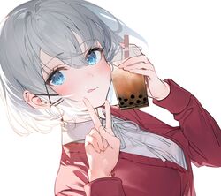  absurdres blue_eyes blush bubble_tea collared_shirt cup disposable_cup drinking_straw dutch_angle female grey_hair hair_ornament highres holding holding_cup long_sleeves looking_at_viewer neck_ribbon official_art red_sweater ribbon second-party_source shirt short_hair sidelocks siesta_(tantei_wa_mou_shindeiru) simple_background solo sweater tantei_wa_mou_shindeiru tongue umibouzu_(niito) upper_body v white_background white_shirt x_hair_ornament 