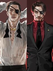  2018 2boys aged_down aged_up arms_behind_head bandages black_hair black_pants dress_shirt eyebrows eyepatch facial_hair formal jane_mere jewelry looking_at_viewer majima_goro male_focus manly multiple_boys necklace pants pectorals red_background red_eyes ryuu_ga_gotoku_(series) ryuu_ga_gotoku_0 ryuu_ga_gotoku_5 shirt short_hair simple_background suit tied_hair 