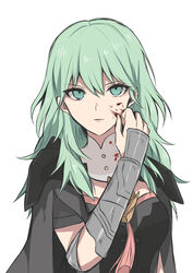  absurdres alternate_hair_color arm_guards armor armored_dress bangs banned_artist between_breasts blood blood_on_clothes blood_on_face blood_stain bodice breasts bustier byleth_(fire_emblem) byleth_(fire_emblem)_(female) cape capelet closed_mouth commentary_request corset enlightened_byleth_(female) eyelashes female fire_emblem fire_emblem:_three_houses green_eyes green_hair grey_cape hair_between_eyes hand_up highres looking_at_viewer medium_breasts medium_hair red_tassel shimizu_akina short_sleeves shoulder_armor simple_background solo tassel turtleneck underbust upper_body vambraces white_background 