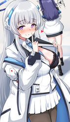  2girls between_breasts black_bra black_pantyhose blue_archive blue_necktie blurry blurry_background blush bra breasts closed_mouth collared_shirt finger_to_mouth grey_hair halo headphones heart highres jacket large_breasts long_hair long_sleeves looking_at_viewer machismo_fuji mechanical_halo multiple_girls necktie necktie_between_breasts noa_(blue_archive) off_shoulder pantyhose pleated_skirt purple_eyes purple_hair shirt shushing skirt smile solo_focus translation_request underwear white_jacket white_shirt white_skirt yuuka_(blue_archive) 